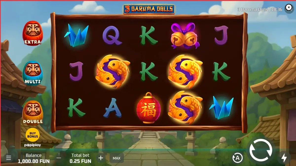 Tampilan visual slot 3 Daruma Dolls dengan latar belakang kuil Jepang yang mistis dan simbol-simbol tradisional.